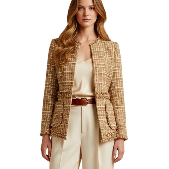 Brooks Brothers Tweed Blazer Sz 6 Tan Fringe Trim Career Old Money Office Work - Picture 1 of 14